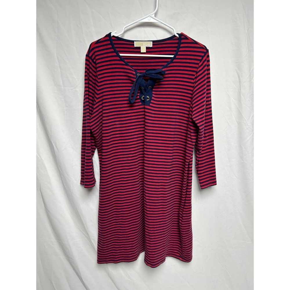 Michael Kors Navy Blue Red Striped Lace-Up Tunic Dress, V-Neck, Knee Length, XL
